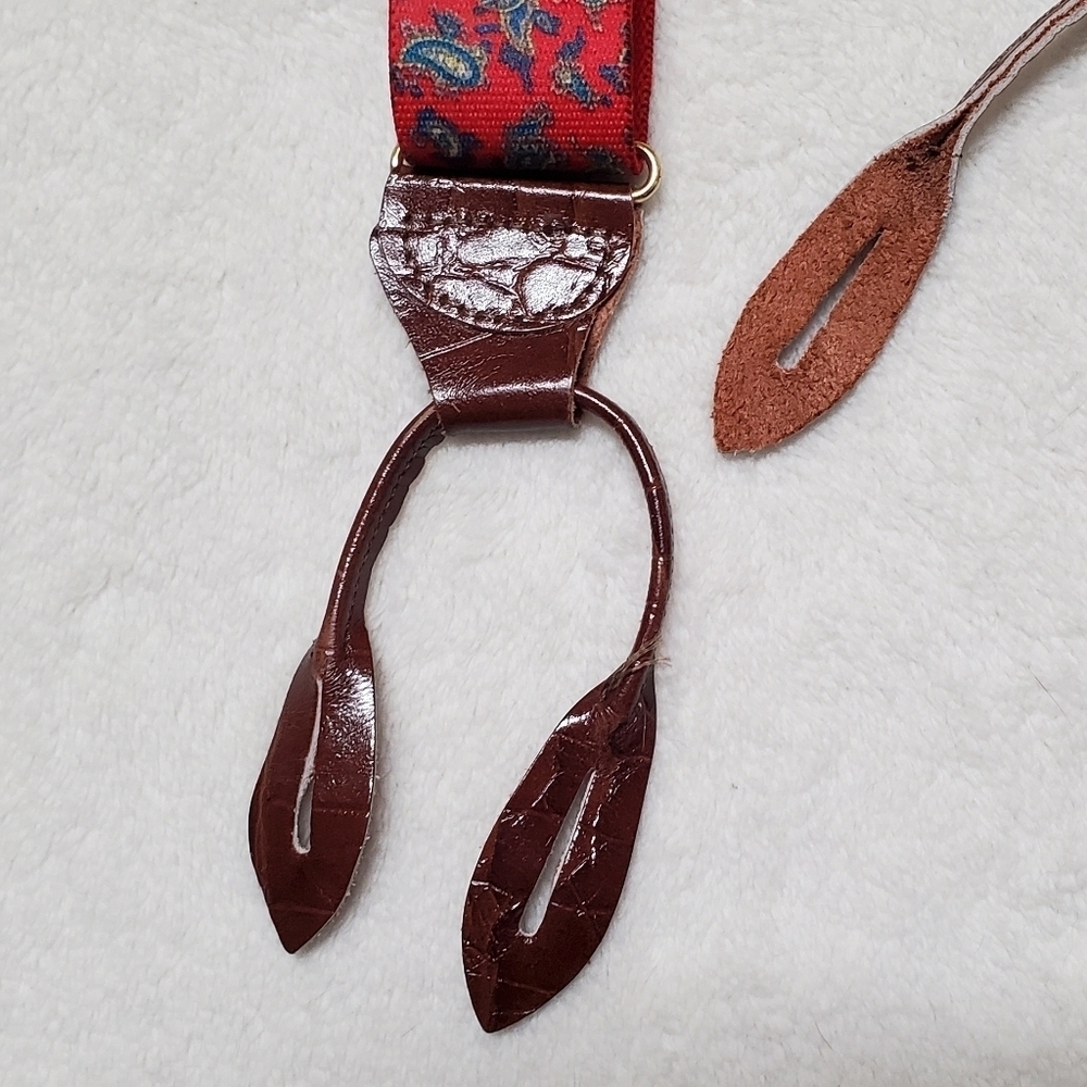 Bill Blass Vintage Stretchy Red Blue Paisley Gold Leather Button Tab Suspenders - Picture 5 of 13